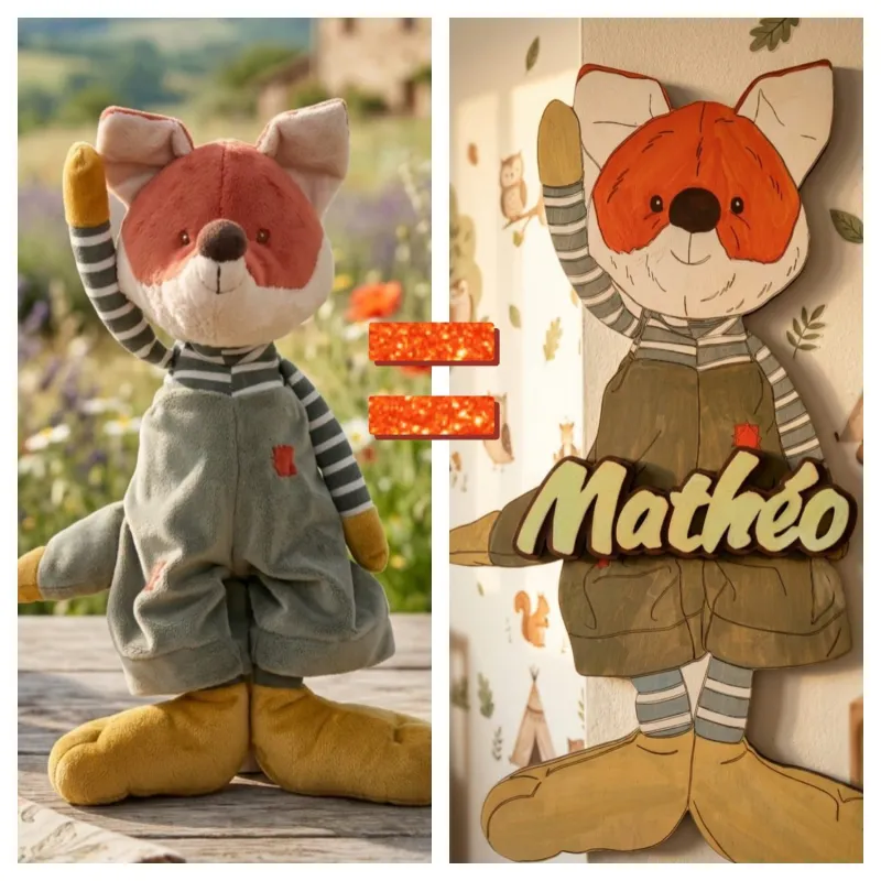 Le doudou renard d'origine et sa reproduction en bois peint accrochée au mur