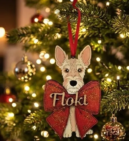Ornement de Noël personnalisé en bois à l'effigie de Floki, prénom sur un nœud rouge pailleté, suspendu dans un sapin illuminé
