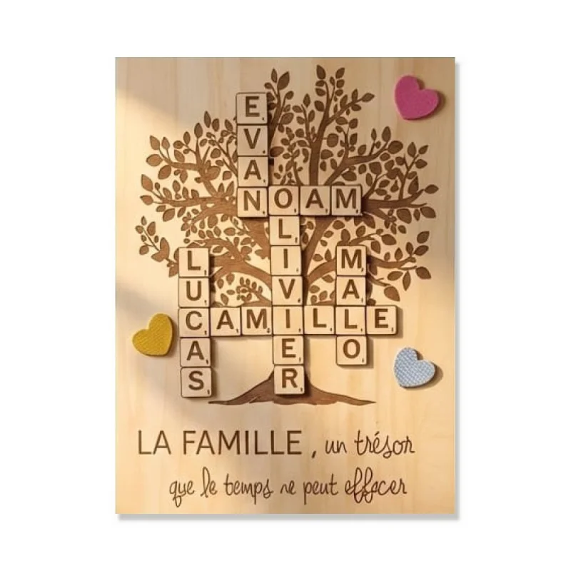 Tableau famille personnalisé en bois, prénoms croisés façon Scrabble sur arbre de vie