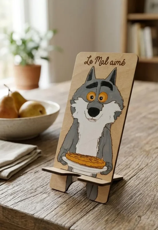 Support de téléphone en bois Le loup mal aimé publicité intermarché