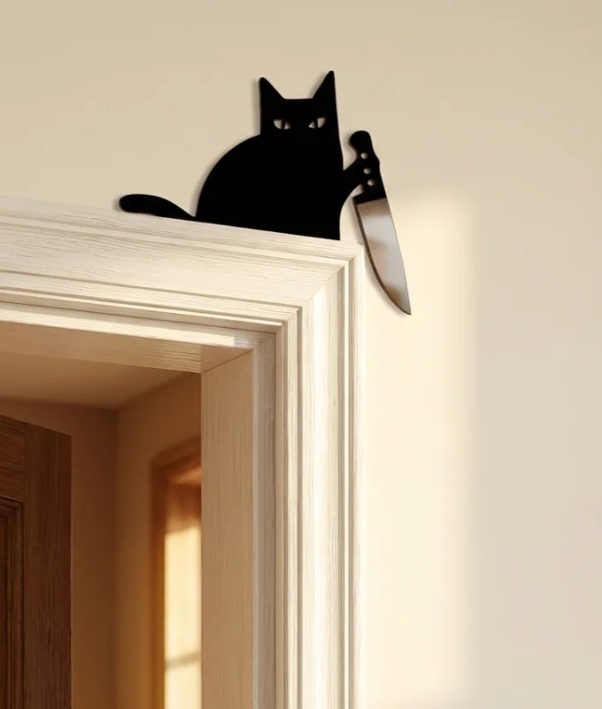 Chat Assassin en Bois à Poser sur Angle de Porte – Décoration Humour Noire et Argentée